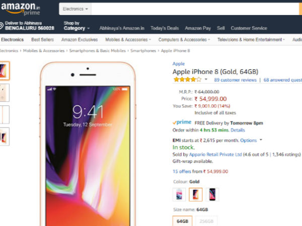 Apple iPhone 8 64GB variant gets a price cut of Rs. 9,000 on Amazon Apple iPhone 8 64GB variant gets a price cut of Rs. 9,000 on Amazon