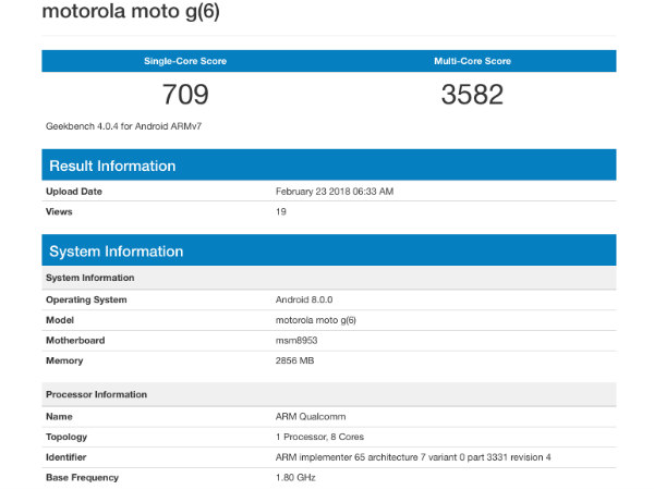 Moto G6 spotted on Geekbench with Snapdragon 625 and Android Oreo