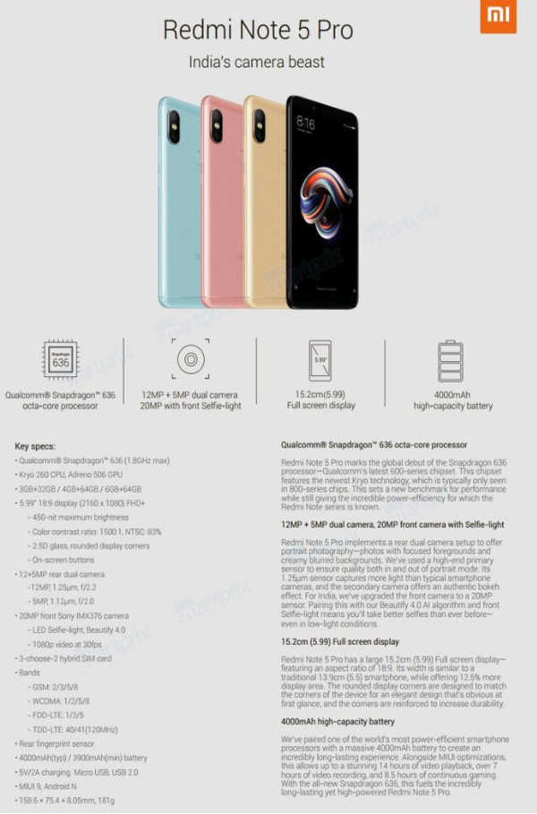 Xiaomi Redmi Note 5 Pro full specifications leaked ahead of its launch