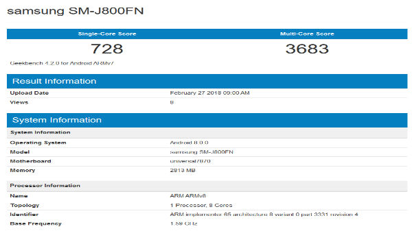 Alleged Samsung Galaxy J8 spotted on Geekbench listing