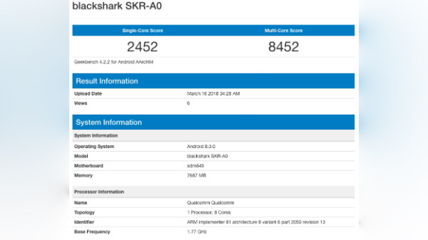 Xiaomi Blackshark with Snapdragon 845 and 8GB RAM visits Geekbench