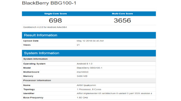 BlackBerry BBG100-1 appears on Geekbench, could be BlackBerry Ghost