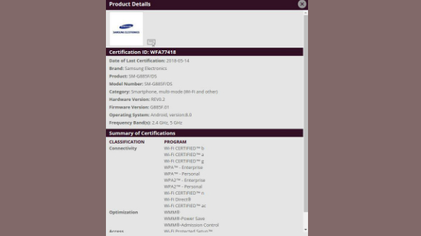 Samsung Galaxy A8 Start certified by the Wi-Fi Alliance