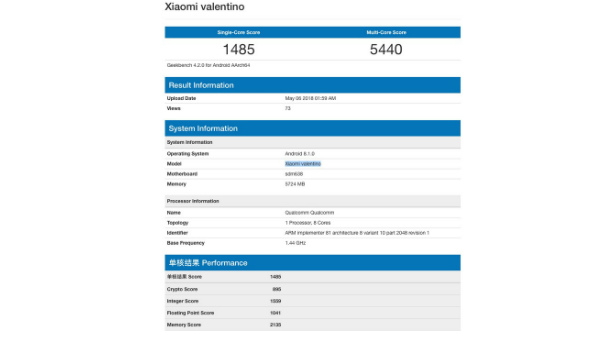Xiaomi 'Valentino' with Snapdragon 638 listed on Geekbench