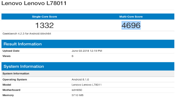 Lenovo L78011 running on the Snapdragon 660 SoC  spotted on Geekbench