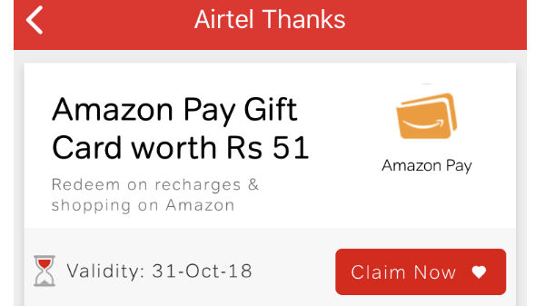 Here's how you can avail Amazon gift card worth Rs 51 via Airtel app