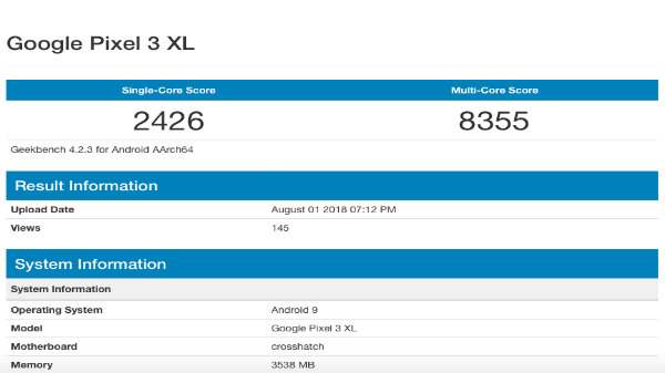 Google Pixel 3 XL Running on Android 9 spotted on Geekbench