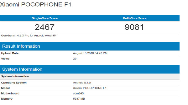 Xiaomi Pocophone F1 visits Geekbench: Faster than the Galaxy Note9