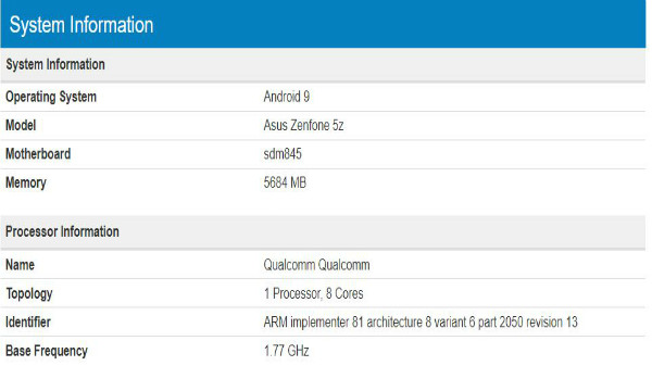 Asus ZenFone 5z with Android 9 Pie spotted on Geekbench
