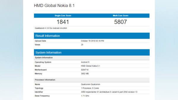 Nokia 8.1 with Snapdragon 710 and Android 9 Pie spotted on Geekbench Nokia 8.1 with Snapdragon 710 and Android 9 Pie spotted on Geekbench