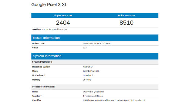 Android Q on Google Pixel 3 XL spotted on Geekbench
