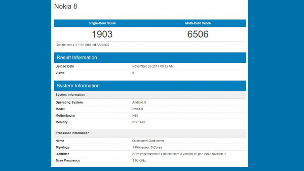 Nokia 8 will soon receive Android 9 Pie update: Spotted on Geekbench