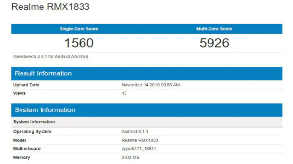 Realme 3 spotted on Geekbench with 4GB RAM and MediaTek SoC
