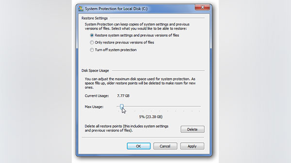 Configure System Restore Disk Space Usage