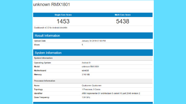 Realme 2 Pro with Android Pie stops by Geekbench
