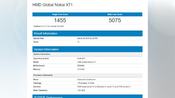 Nokia X71 Geekbench listing hints at Snapdragon 660 SoC