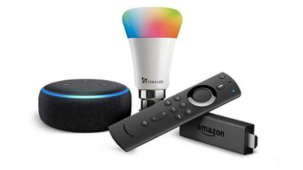 Echo Dot (Black) And Fire TV Stick Bundle With Syska 9W Smart Color Bulb
