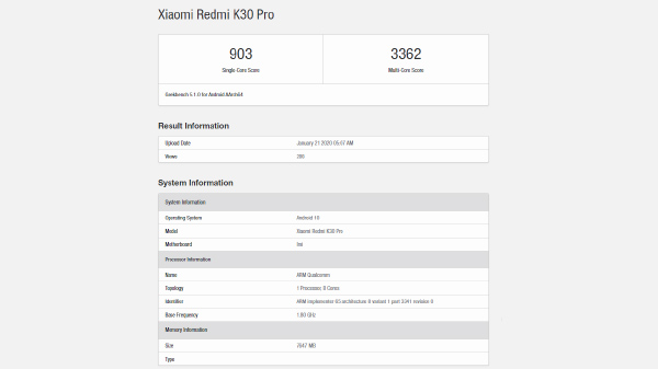 Redmi K30 Pro With Snapdragon 865, 8GB RAM Spotted On Geekbench