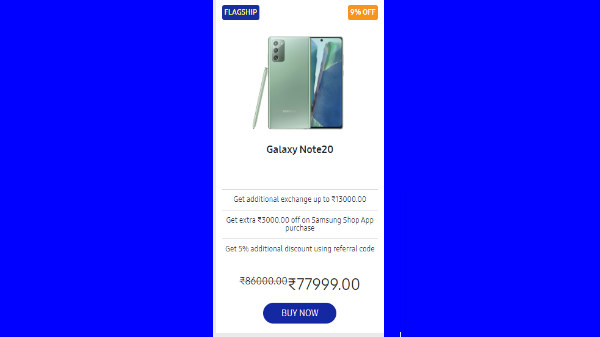 9% Off On Galaxy Note20  (Available At Rs. 77,999)