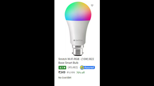 70% Off On Smitch Wi-Fi RGB - (10W) B22 Base Smart Bulb