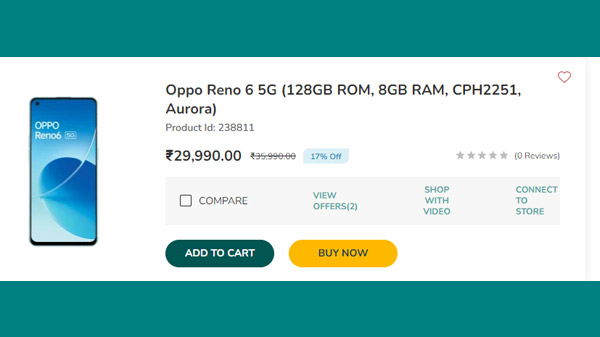 Oppo Reno 6 5G (128GB ROM, 8GB RAM, CPH2251, Aurora)