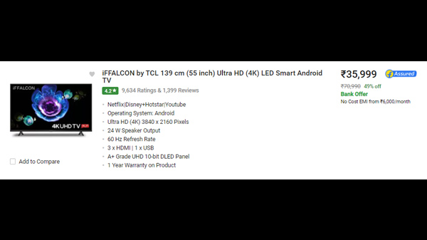 iFFALCON by TCL 139 cm (55 inch) Ultra HD (4K) LED Smart Android TV  (55K61)