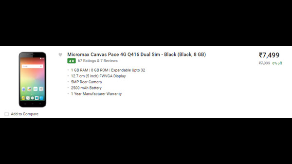 Micromax Canvas Pace 4G Q416 Dual Sim - Black (Black, 8 GB)  (1 GB RAM)