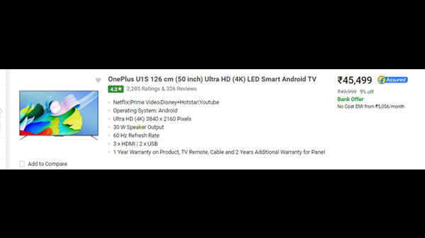OnePlus U1S 126 cm (50 inch) Ultra HD (4K) LED Smart Android TV  (50UC1A00)