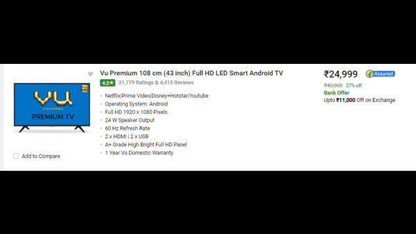Vu Premium 108 cm (43 inch) Full HD LED Smart Android TV  (43US)