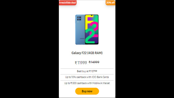 Samsung Galaxy F22 (4GB RAM) (20% Off)