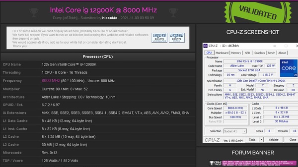 Intel Core i9-12900K Can Achieve 8GHz Using Liquid Nitrogen