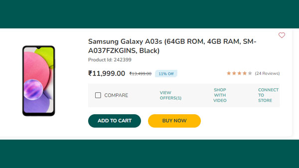 Samsung Galaxy A03s (32GB ROM, 3GB RAM, SM-A037FZKDINS, Black)