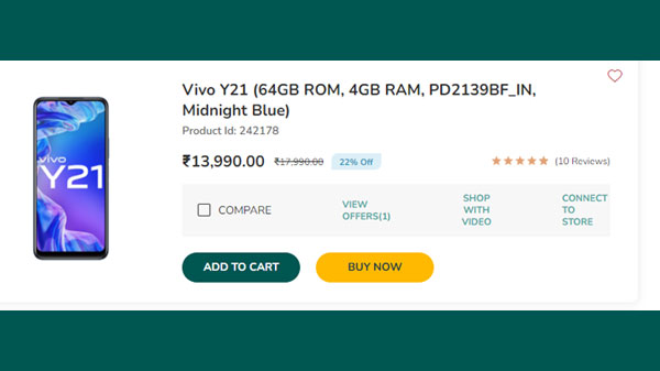 Vivo Y21 (64GB ROM, 4GB RAM, PD2139BF_IN, Midnight Blue)