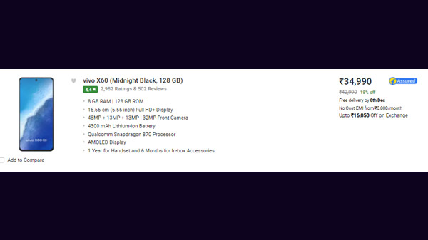 vivo X60 (Midnight Black, 128 GB)  (8 GB RAM)