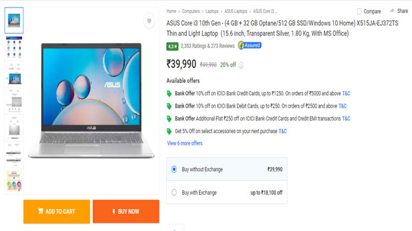 ASUS Core i3 10th Gen X515JA-EJ372TS Thin and Light Laptop