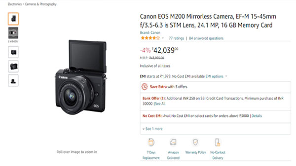 Canon EOS M200 Mirrorless Camera, EF-M 15-45mm f/3.5-6.3 STM Lens, 24.1 MP, 16 GB Memory Card Canon EOS M200 Mirrorless Camera, EF-M 15-45mm f/3.5-6.3 STM Lens, 24.1 MP, 16 GB Memory Card