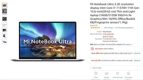 Mi Notebook Ultra 3.2K resolution display Intel Core i7-11370H 11th Gen 15.6-inch(39.62 cm) Thin and Light laptop