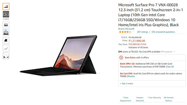 Microsoft Surface Pro 7 VNX-00028 12.3 inch (31.2 cm) Touchscreen 2-in-1 Laptop