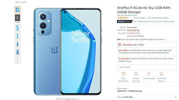 OnePlus 9 5G (Arctic Sky,12GB RAM, 256GB Storage)