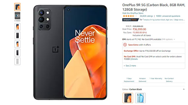 OnePlus 9R 5G (Carbon Black, 8GB RAM, 128GB Storage)