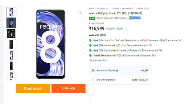 Realme 8 (Cyber Black, 128 GB)  (6 GB RAM)