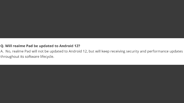No Android 12 Update For Realme Pad