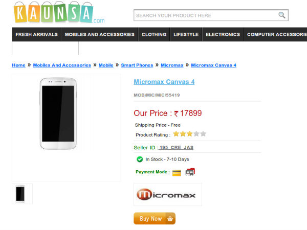 ಆನ್‌ಲೈನ್‌ಲ್ಲಿ ಮೈಕ್ರೋಮ್ಯಾಕ್ಸ್ ಕ್ಯಾನ್‌ವಾಸ್ 4 ಸ್ಮಾರ್ಟ್‌ಫೋನ್‌ ಖರೀದಿಸಿ