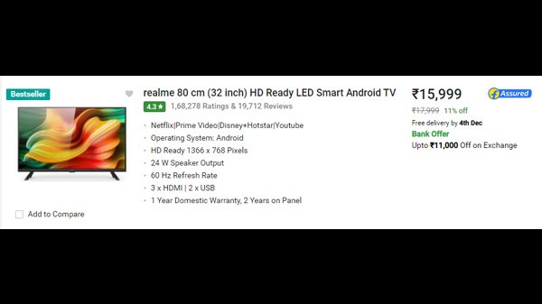 ರಿಯಲ್‌ಮಿ HD ರೆಡಿ LED ಸ್ಮಾರ್ಟ್ ಆಂಡ್ರಾಯ್ಡ್ ಟಿವಿ (TV 32)