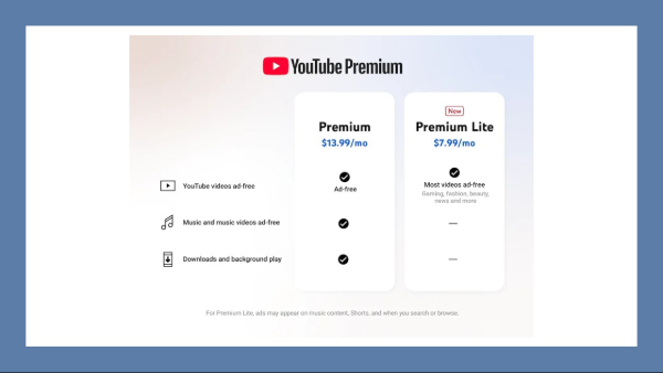 YouTube ನಿಂದ ಹೊಸ 'Premium Lite' ಚಂದಾದಾರಿಕೆ ಬಿಡುಗಡೆ! YouTube ನಿಂದ ಹೊಸ 'Premium Lite' ಚಂದಾದಾರಿಕೆ ಬಿಡುಗಡೆ!