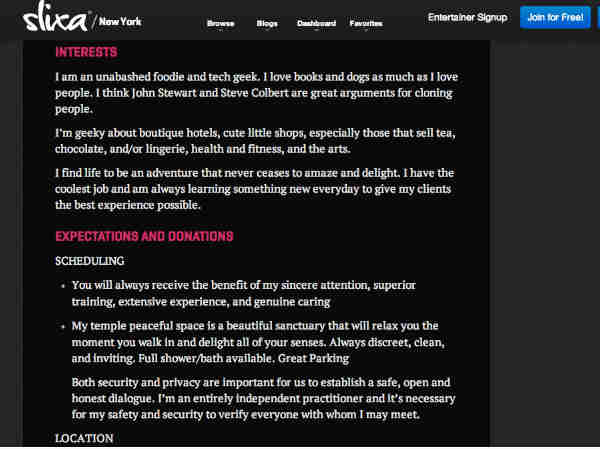 Each escort has her own profile page