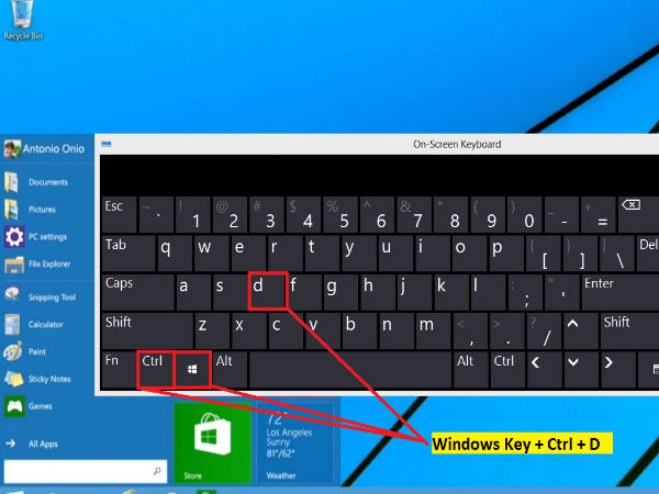 വിന്‍ഡോസ് കീ+ കണ്‍ട്രോള്‍ +D (Windows key+Control+D)