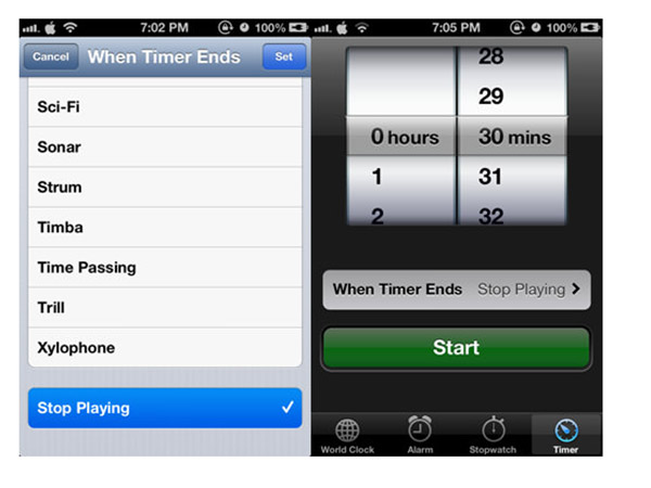 ടൈമര്‍ ഉപയോഗിച്ച് മ്യൂസിക് നിര്‍ത്തുക