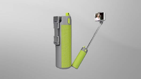 Hooked wireless speaker-cum selfie stick-cum power bank