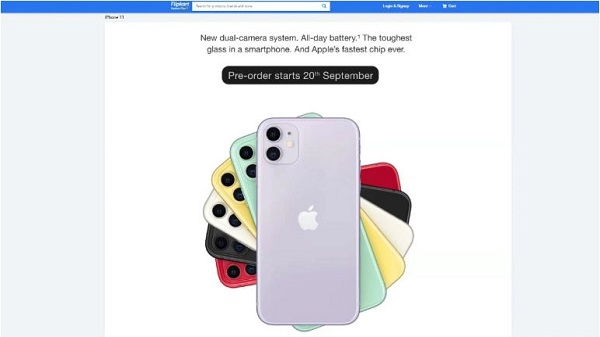 ഫ്ലിപ്പ്കാർട്ടിലെ ഐഫോൺ 11 പ്രീ-ഓർഡർ പേജിന്റെ സ്ക്രീൻഷോട്ട് 
